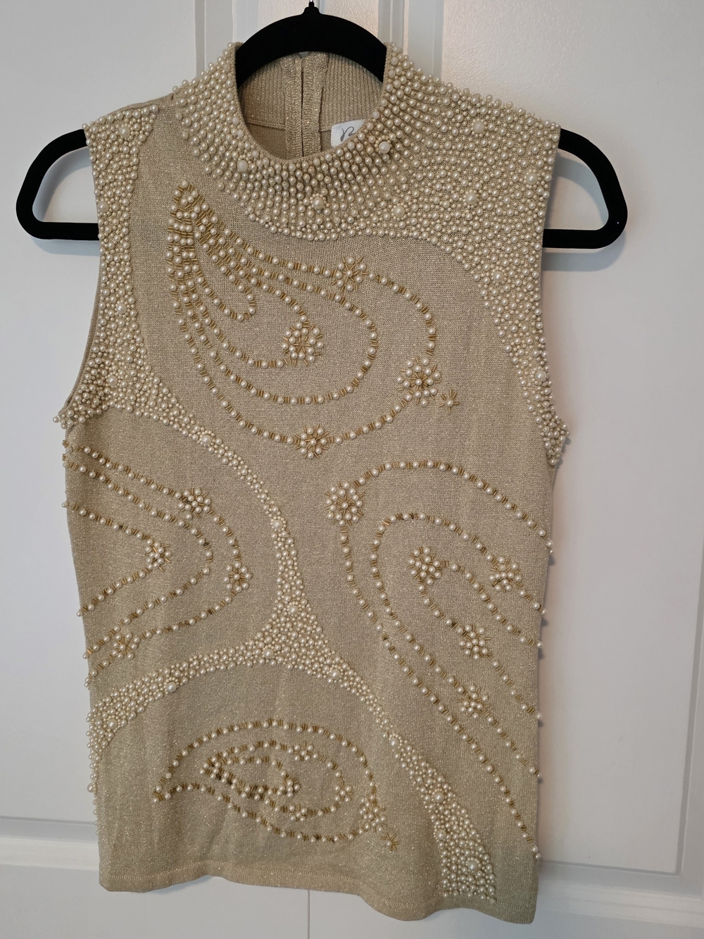 Belldini Vintage Silk Lurex Pearl Beaded Paisley Mock Neck Knit Top Size L